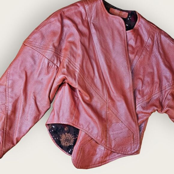 Vintage Coco Tomas Burnt Orange Coral Big Shoulder Cropped Leather Jacket - Picture 5 of 15